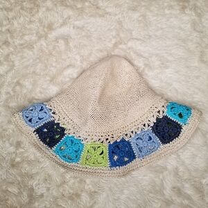 Y2K Granny Square Floppy Straw Sun Hat Tan Blue Green Cottagecore Beach